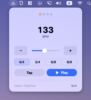 Pulstick app screenshot showing BPM control, time signature buttons, and play controls